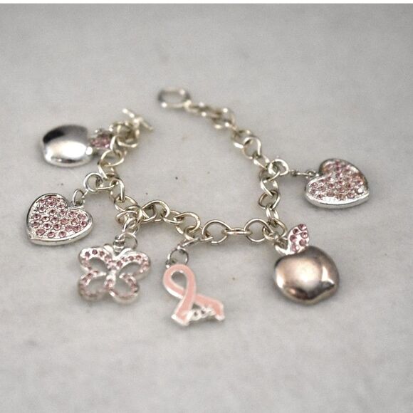 Cancer Awareness Silver Tone Link Chain Pink Rhinestone Accent Charm 7" Bracelet - Picture 1 of 3